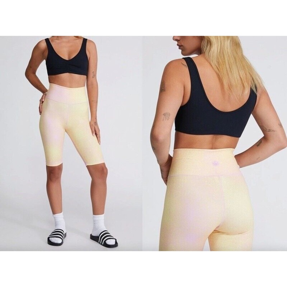 adidas Adicolor Recycled Beach Biker pink/yellow full length high rise Shorts XS